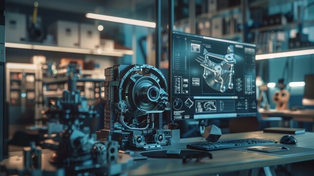 Engineers working on a computer 3D design software to model a heavy industry machine part. Research and development center for industry 4.0.