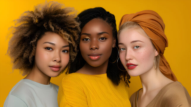 portrait of three women, asian, european and african american on the yellow background