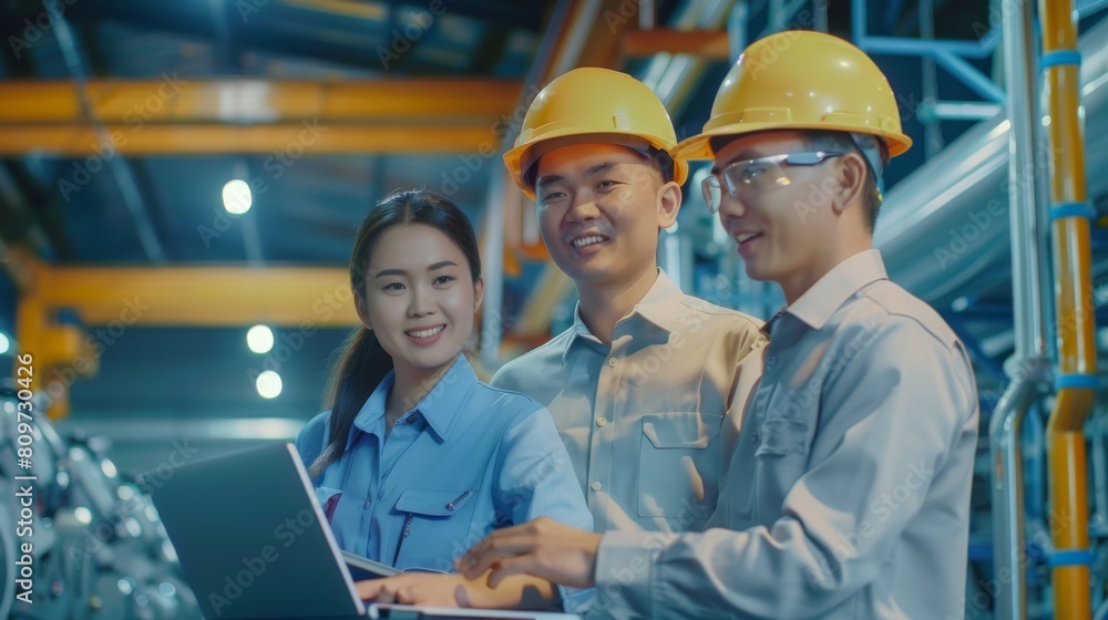 Poster asian engineer and technician at work smiling while discussing job assignments using laptop computer