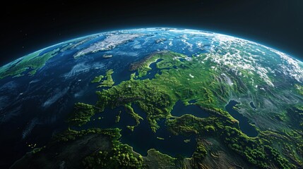 3D image of Earth, showing the interplay between nature's greenery and the impacts of human activity, presented on a black studio background.