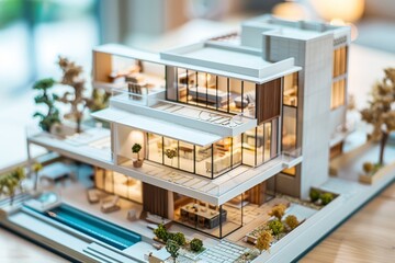 Detailed architectural model of a modern house displayed on a table, showcasing design features and layout