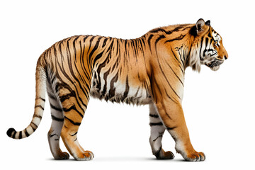 Side view, profile of a tiger standing, isolated on white