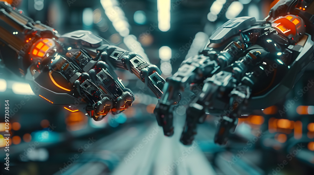 Poster in the future, robots or cyborgs with artificial intelligence will control manipulator arms on facto