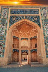 entrance portal decorated ceramic tiles with traditional uzbek ornament islamic pattern of ancient Muslim madrasah of Barak Khan. Hazrati Imam Architectural Complex in Tashkent, Uzbekistan