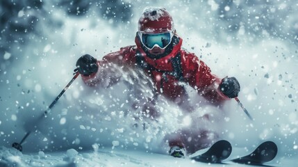 skier making a sharp turn, with snow particles flying, capturing the action and intensity of the moment.