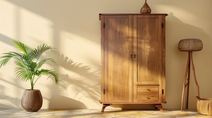 Stylish wooden wardrobe with vintage appeal, displayed against a smooth, creamy backdrop, ideal for interior design themes