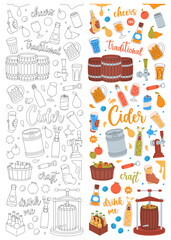 Fruit cider set. Hand drawn craft fruit beer collection. Cider process production. Harvest of pears, apples, plums, pomegranate.