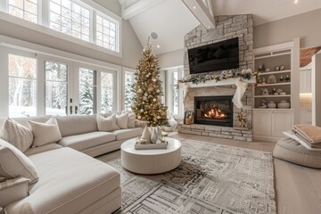 A room filled with various furniture pieces surrounding a festive Christmas tree, showcasing a minimalist design with holiday decorations