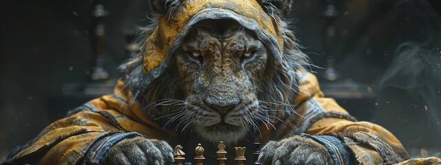 Artistic minimalist lion costume in 3D render holding a chess piece, dark moody background to evoke mystery.