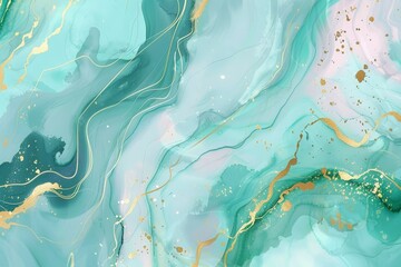 Fototapeta premium Pastel cyan mint liquid marble watercolor background with gold lines and brush stains. Teal turquoise marbled alcohol ink drawing effect