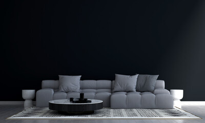 The modern interior design concept living roomm and dark blue wall background and white wooden floor. 3d rendering.
