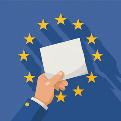 Hand is holding ballot. European Union flag background.  European elections concept. Generative AI illustration.	
