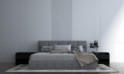 The modern interior design concept bedroom and white pattern  wall background and white wooden...