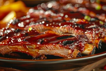 A plate of juicy BBQ ribs covered in flavorful sauce, showcasing succulent meat ready to be enjoyed