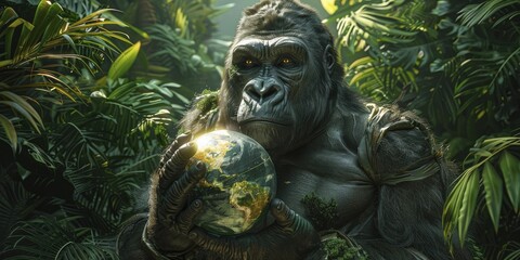 Obraz premium Artistic minimalist 3D rendered gorilla costume holding a globe, jungle backdrop for a world conservation theme.