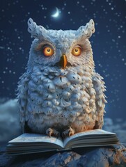 An enigmatic owl costume surrounded by a celestial night sky and an open book, evoking wisdom and mystery in a minimalist 3D render.