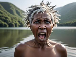 Screaming African woman with Grey hair. Close-up Female portrait. Facial expression concept. - Powered by Adobe