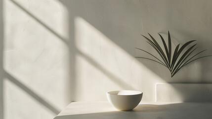 Macro photography, isolated, close-up, minimalist empty and blank texture banner background wallpaper of trendy stylish very modern contemporary stucco wall, bowl, sunny, bright, shadows