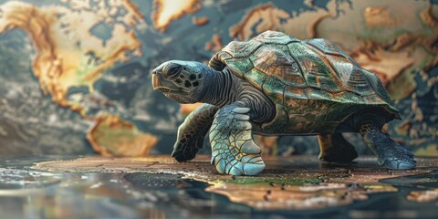 An elegant 3D turtle costume adorned with a world map design and ocean currents, perfect for a...