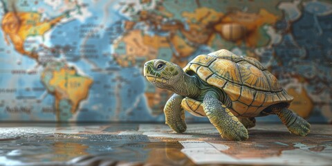 A turtle costume adorned with a world map and ocean currents, designed for a global travel concept,...