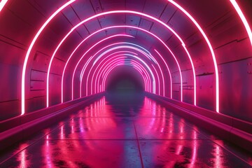 Sci Fy neon glowing lines in a dark tunnel. Reflections on the floor and ceiling. Empty background in the center