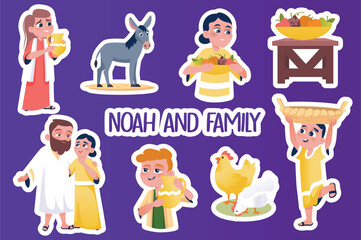 Set of stickers Noah and family in flat cartoon design. Happy children, cheerful parents and well-groomed pets are depicted in this image. Vector illustration.