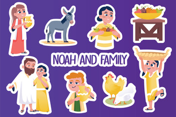 Naklejka premium Set of stickers Noah and family in flat cartoon design. Happy children, cheerful parents and well-groomed pets are depicted in this image. Vector illustration.