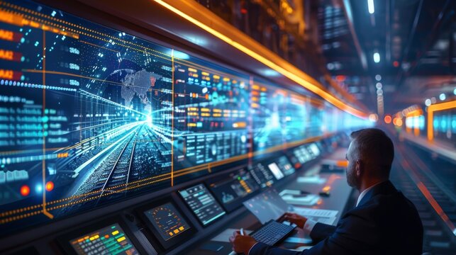 a rail transport logistics meeting, with engineers reviewing high-speed train schedules and routes on digital displays. - Powered by Adobe