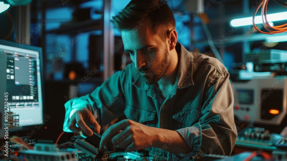 Poster this is a portrait of a handsome hispanic industrial engineer working in a modern technology researc
