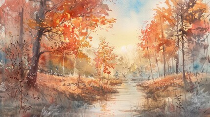 Autumn Watercolor Escape Serene Retreat into a Brilliant Impressionist Woodland Landscape