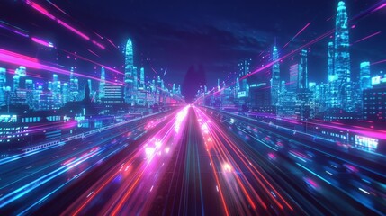 3D Rendering of trail lights from highway and light reflection from buildings in mega city at night. Concept of technology background