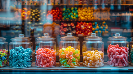 Fototapeta na wymiar Various candies, gummy jellies, chewing gums, lolly, etc arranged in glass containers