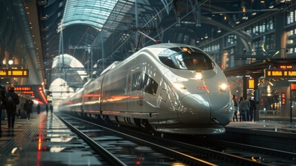 Fototapeta premium high-speed train at an international border station, with customs agents performing a detailed cargo check.