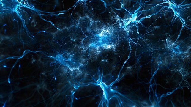 A visually striking abstract image resembling a neuron structure exploding in blue hues against a deep black background