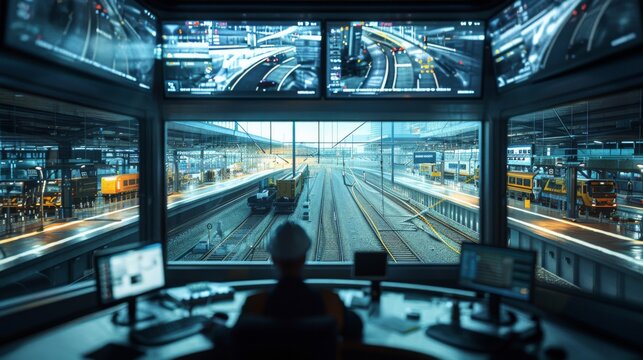 a logistics control room monitoring international high-speed rail movements, focusing on customs clearance operations.