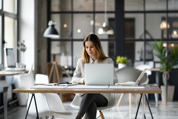 Fototapeta premium Amidst a minimalist yet inviting office setup, a woman freelancer sits confidently at her desk, immersed in her work on a state-of-the-art laptop, exemplifying the modern businessw