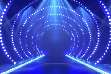 Abstract golden ring circles lighting effect backdrop with spotlight on blue stage background