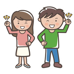ガッツポーズでやる気満々の若い男女の全身イラスト