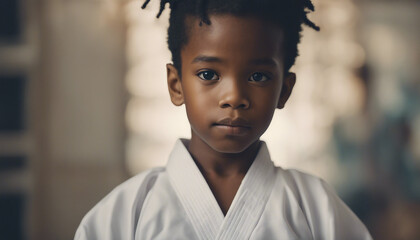 Portrait of a black American karate child in kimono, blurry background
 - Powered by Adobe