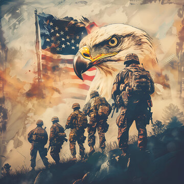 Double exposure image of soldiers, eagle and USA flag. Veterans Day, Memorial Day, Independence Day
