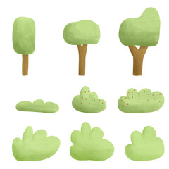 Set watercolor vector elements trees and bushes.