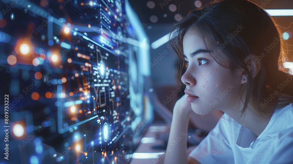 Poster a young female artificial intelligence engineer working on a computer in a technological office. a y