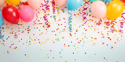 A festive and cheerful image full of colorful party balloons and vibrant confetti suggesting celebration