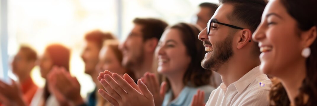 An anonymous group of people clapping, the viewer can feel the excitement or support of the audience Faces are intentionally blurred for privacy