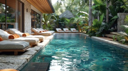 Beautiful swimming pool with greenery present in a villa