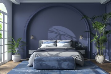 modern bedroom interior, arch, palm plants, blue walls