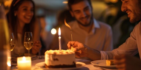 An elegant birthday celebration image with a candlelit cake, suggesting moments of joy, surprise, and intimate gatherings