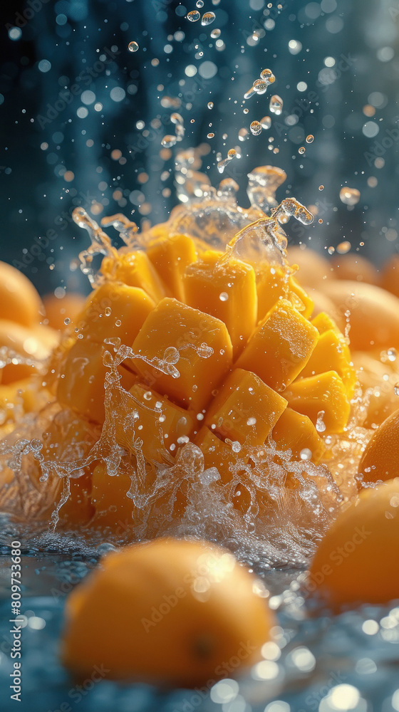 Wall mural water flow on fresh mango slices - Wall murals