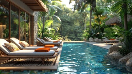 Beautiful swimming pool with greenery present in a villa