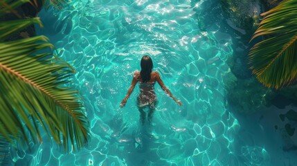Aerial view of a girl enjoying summer in a pool
